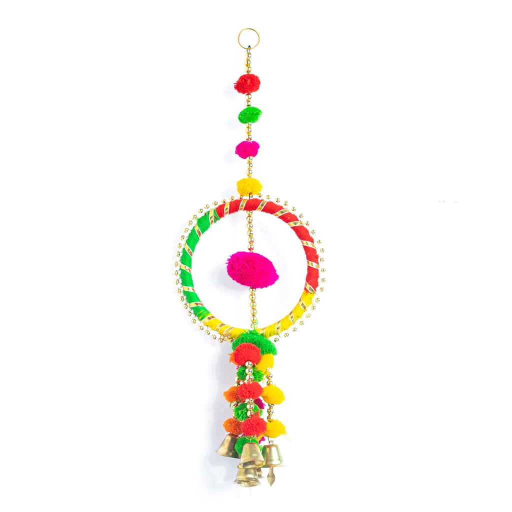 Decorative Colourful Pom Pom with Bells, Festive or Wedding Hanging - Round