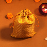 Brocade Dupion Silk designer Potli Bag for Wedding, Diwali Gift Pouches, Gifts Bags - Yellow