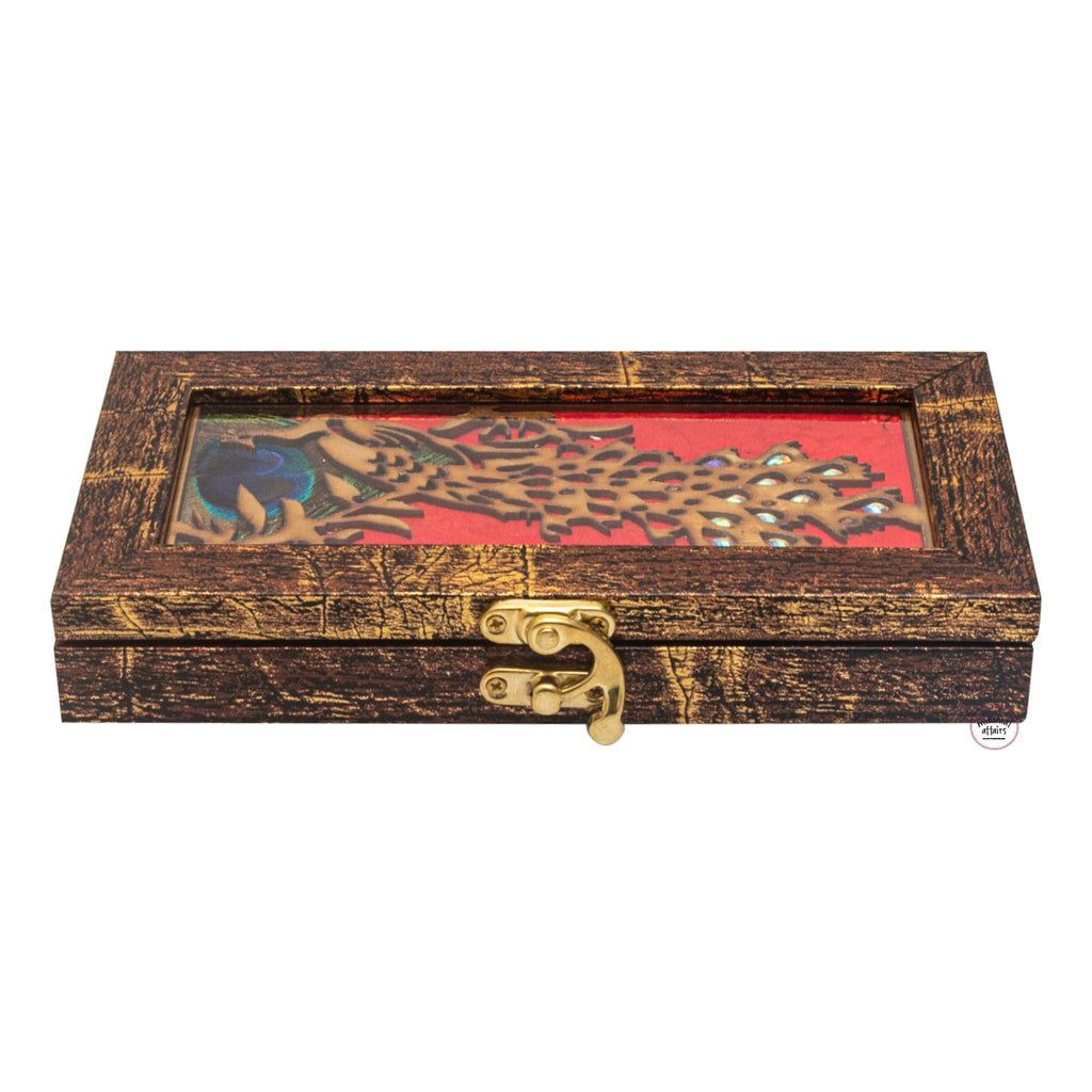 peacock pattern Polystyrene finish MDF cash box for Gifting Brown