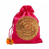 Gota Flower Dupion Silk Potli Bag for Wedding, Diwali Gift Pouches, Gifts Bags - Pink